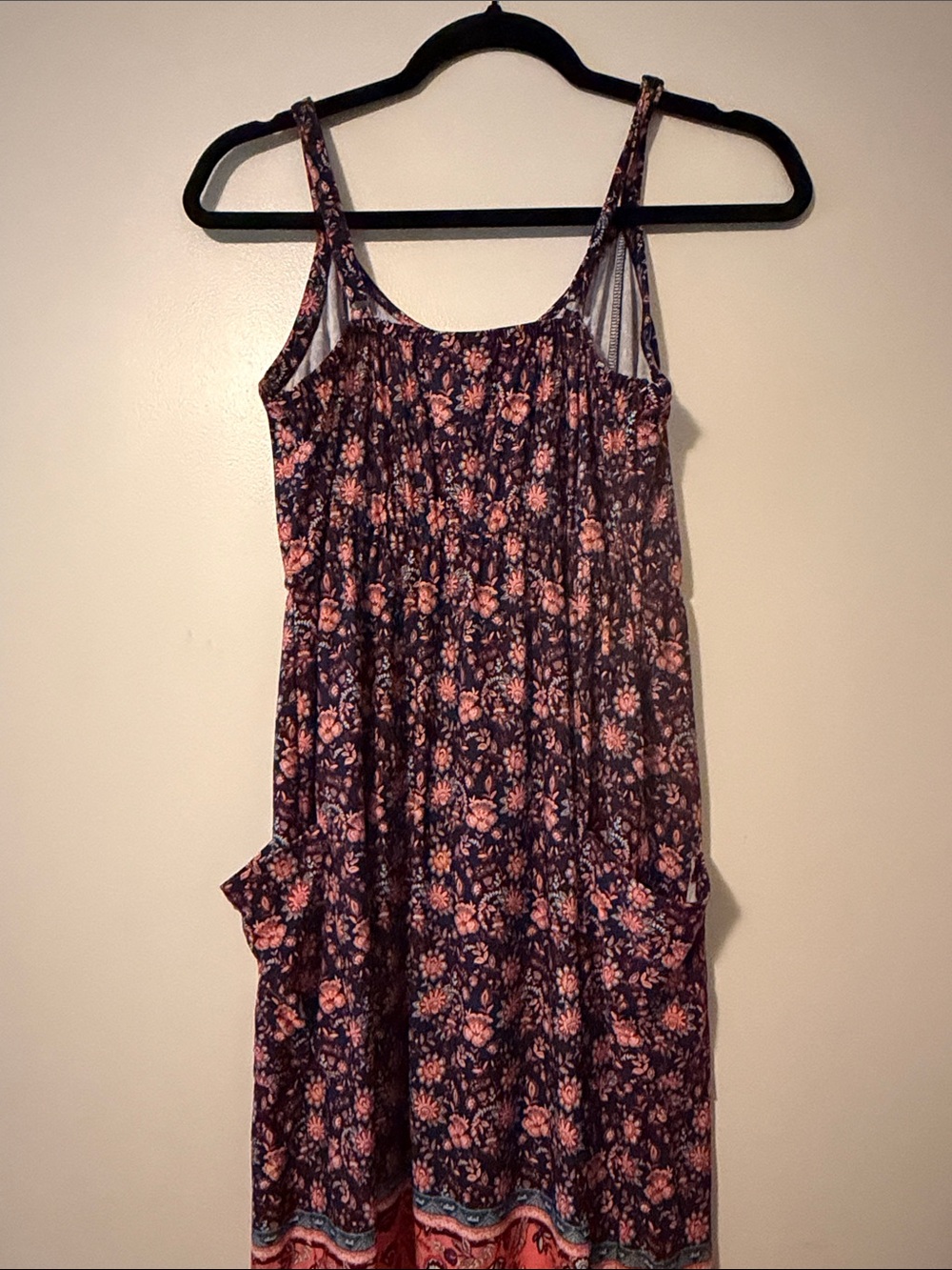 Sleeveless Navy Midi Dress with Coral Floral Border & Pockets - Small - Picture 6 of 7